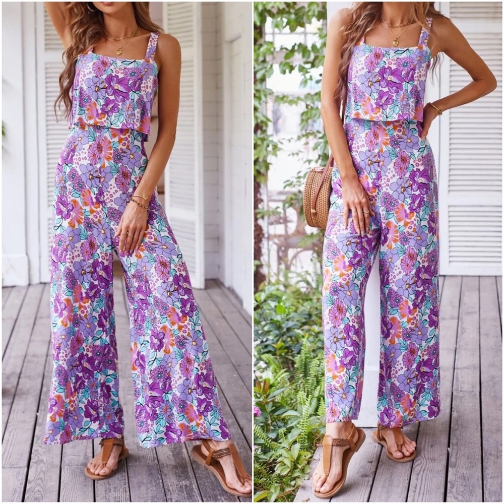 Boho Floral Print Wide Leg Jumper Jumpsuit - Picture 4 of 7